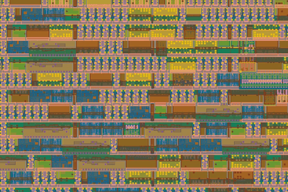 Close-up of the real chip layout: rows of colored logic cells