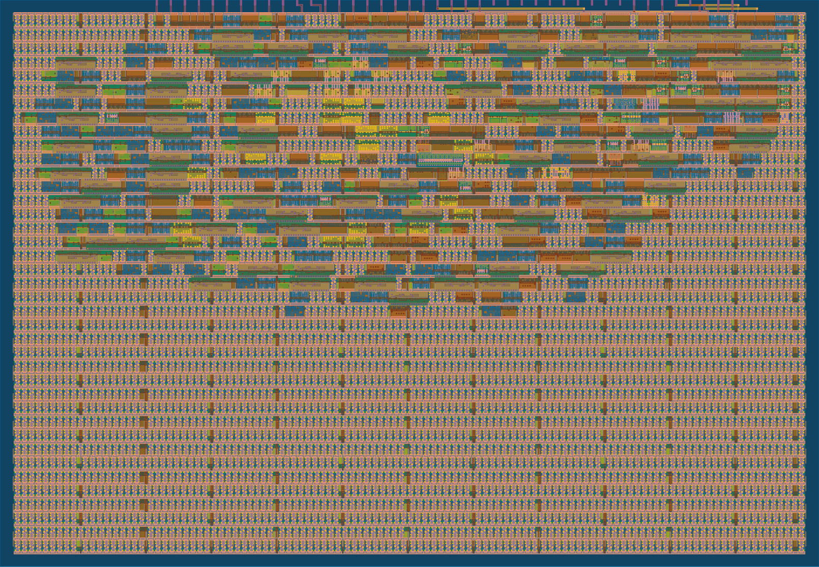Chip layout of the HZN-1 CRC checker: rows of colored logic cells packed toward the top, with regular filler rows below and input and output wires along the top edge
